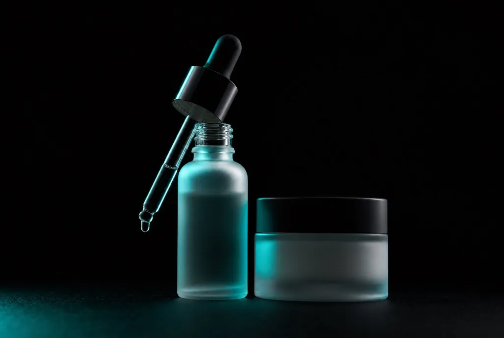 Kosmetik- und Beauty-Produkte edel arrangiert auf dunklem Grund
