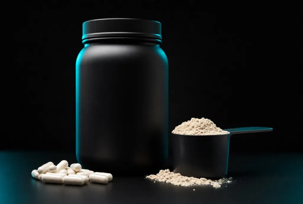 Nahrungsergänzung – Supplements, Pulver und Kapseln vor dunklem Grund