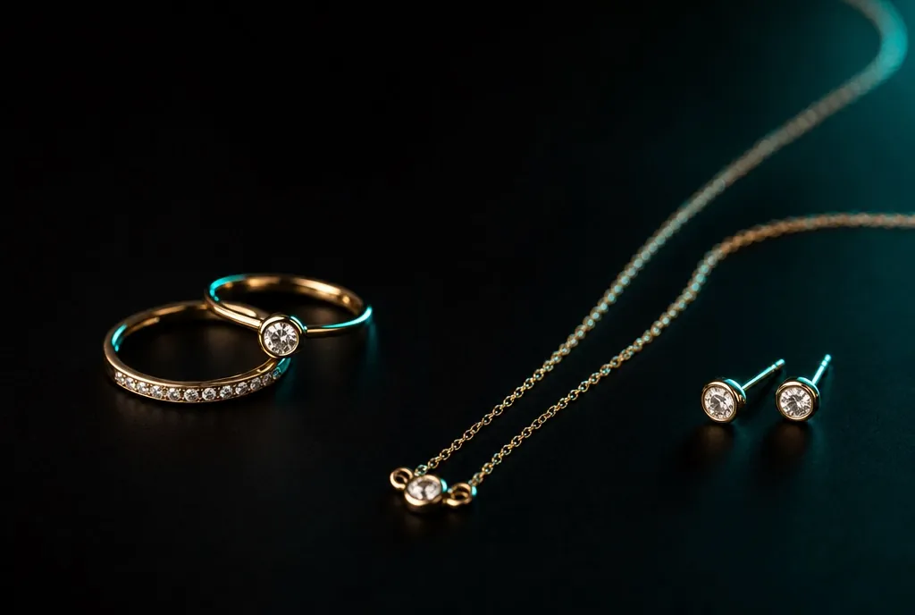 Goldschmuck mit Diamanten – Ringe, Kette und Ohrstecker auf dunklem Grund